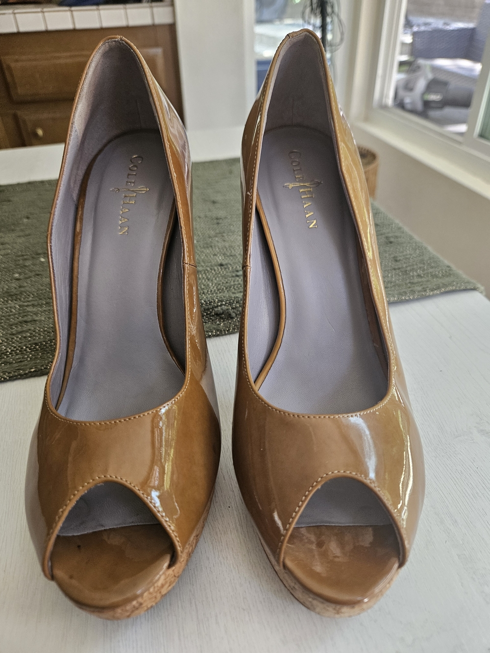 Cole Haan Women's Tan Patent Peep-Toe Wedge Pumps